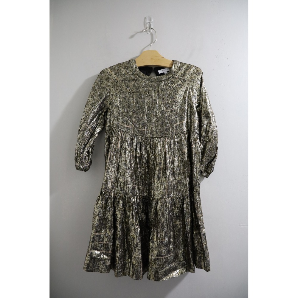 REISS Girls Gold Metallic Tiered Party Dress Long Sleeve Sparkle Holiday